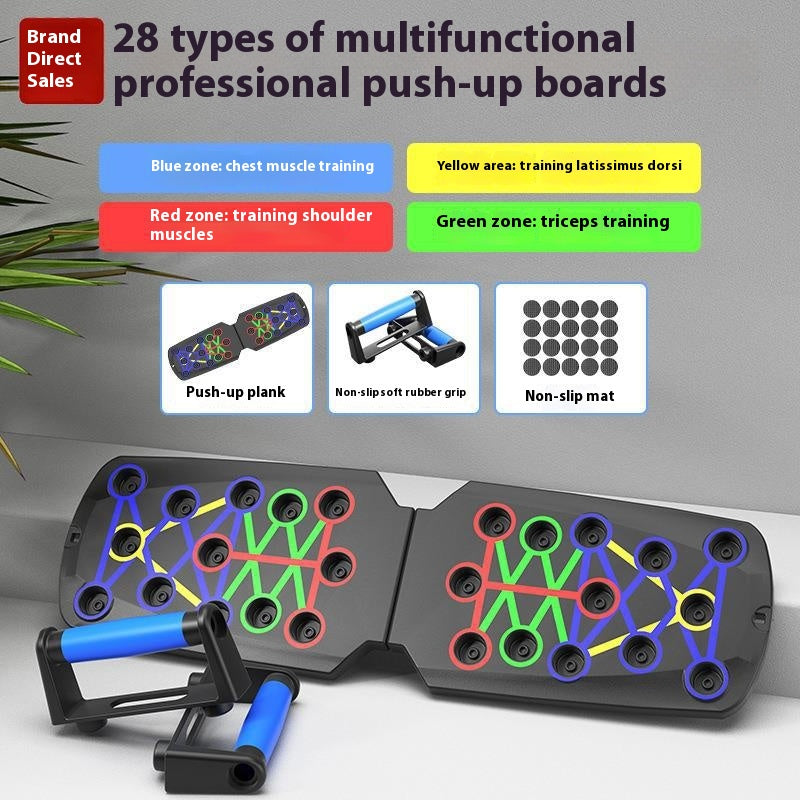 28-in-1 smart push-up training board with horizontal folding design, equipped with non-slip rubber handles and four-color multi-functional muscle training zones.