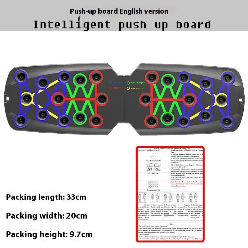 Specifications of the foldable multi-functional palm pressure aid plate, showing the length, width, and height of the packaging, along with an English instruction manual, anti-slip mat, and accessory list.