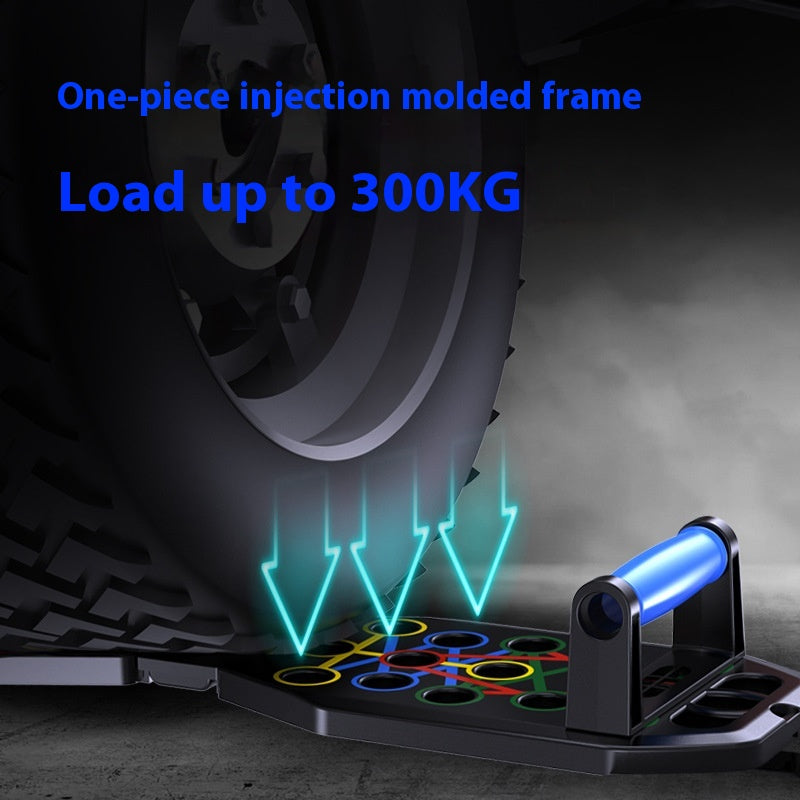 The intelligent push-up board's high load-bearing capacity test diagram demonstrates the heavy pressure from a car wheel. Its one-piece molded structure can bear a maximum load of 300 kg.