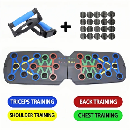 Picture of the complete set of accessories for the multifunctional handheld pressure plate, including a pair of anti-slip handles, round anti-slip stickers and four-color muscle training function partition labels.