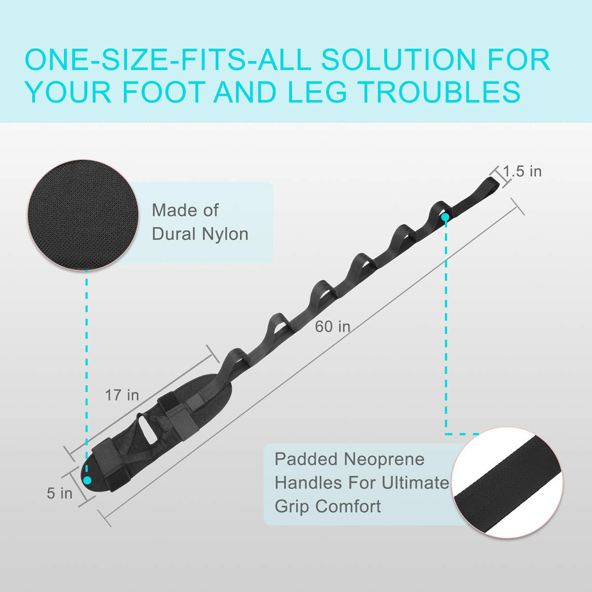 Nylon segmented bracing strap size and specifications diagram, 60-inch total length with 17-inch thickened diving material foot covers, comfortable and non-slip handle design.