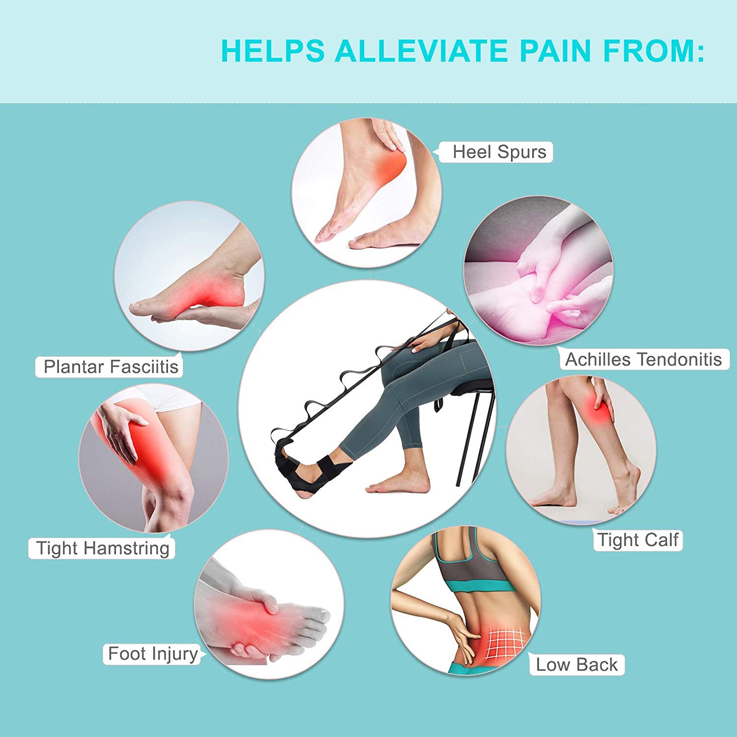 The stretching belt is shown in the diagram for relieving pain. It is designed to stretch and treat plantar fasciitis, bone spurs, heel pain, Achilles tendonitis, tight calves, and lower back pain.