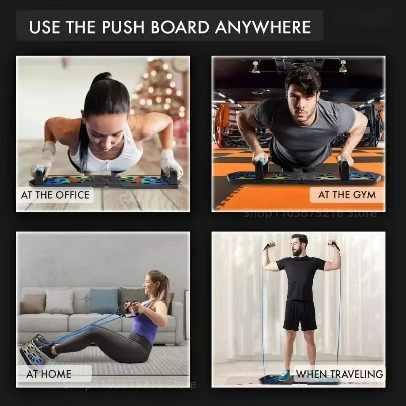 The diagram shows the multi-functional use of the folding exercise board, demonstrating push-ups for office and home use, as well as rowing and chest expansion exercises when paired with resistance ropes.
