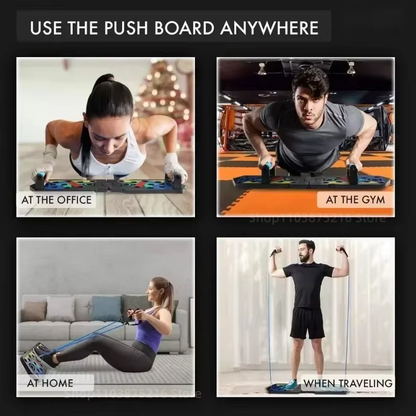 The diagram shows the multi-functional use of the folding exercise board, demonstrating push-ups for office and home use, as well as rowing and chest expansion exercises when paired with resistance ropes.